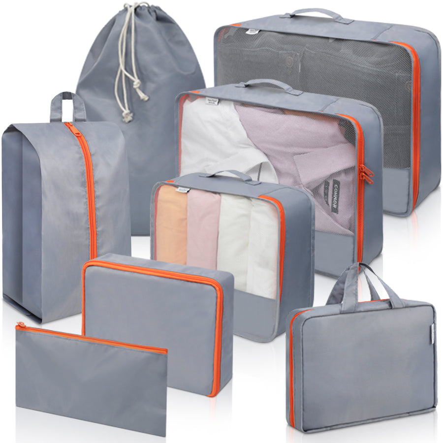 8 Piece Travelling Organiser Packing Cube Set with Orange Zippers