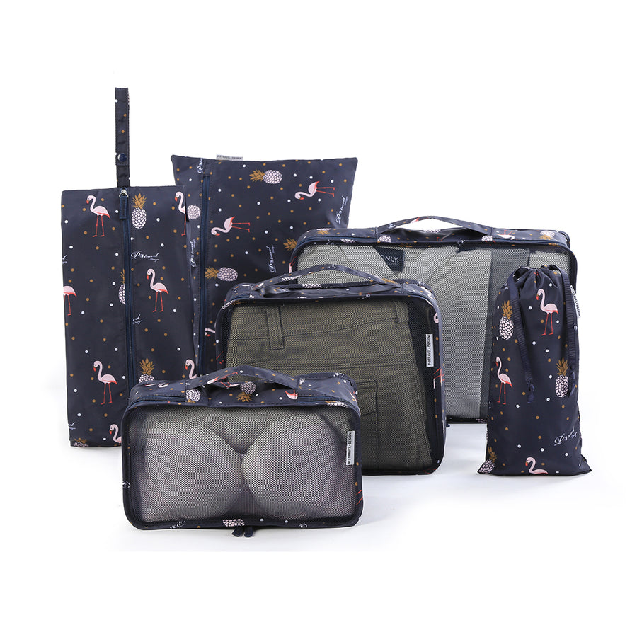 TRAVEL PACKING CUBES for suitcase, backpacks, luggage, carry-on  6 piece set  - Black Flamingo