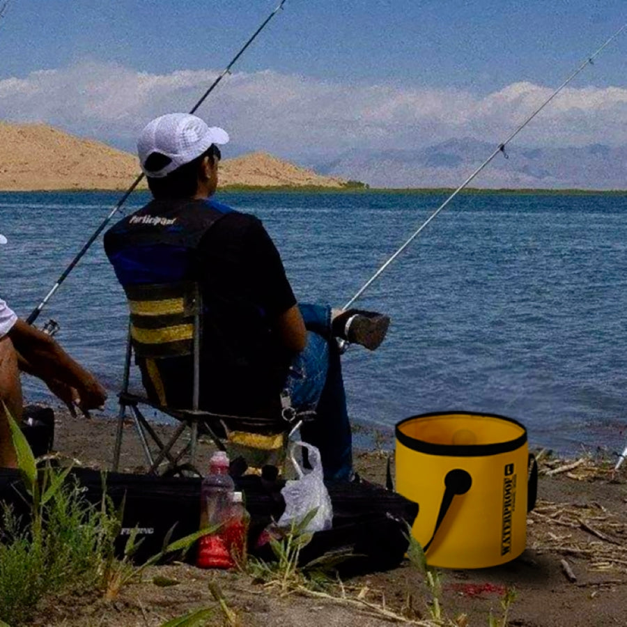 Compact Travel Water bucket for Camping, Fishing or Beach - white with black carry handles