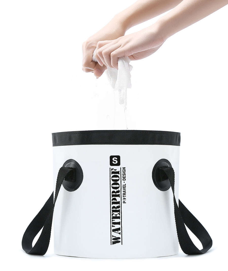 Compact Travel Water bucket for Camping, Fishing or Beach - white with black carry handles