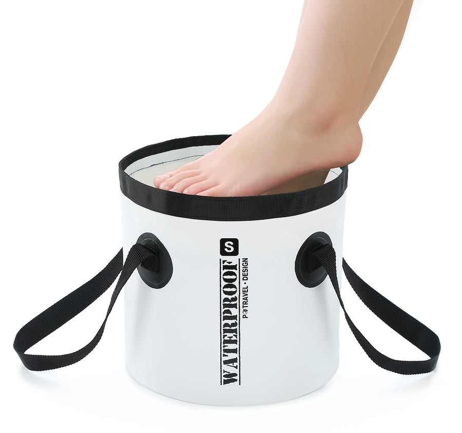 Compact Travel Water bucket for Camping, Fishing or Beach - white with black carry handles